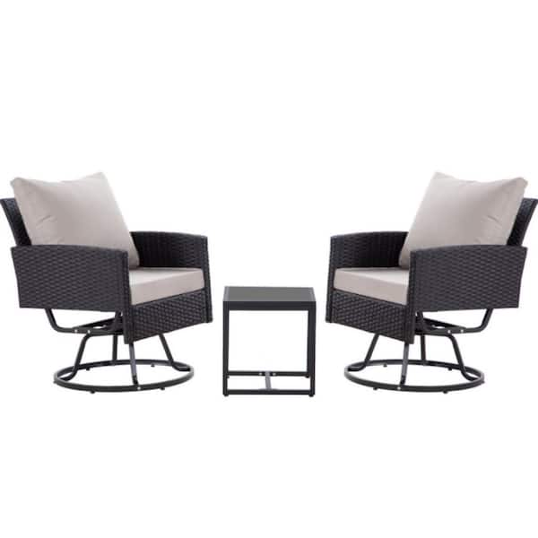 3-Piece Wicker Swivel Rocker Patio Conversation Set with Gray Cushions