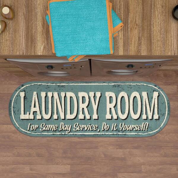 Ottomanson Laundry Non-Slip Rubberback Laundry Text 2x5 Laundry Room Runner Rug, 20 inch x 59 inch, Baby Blue