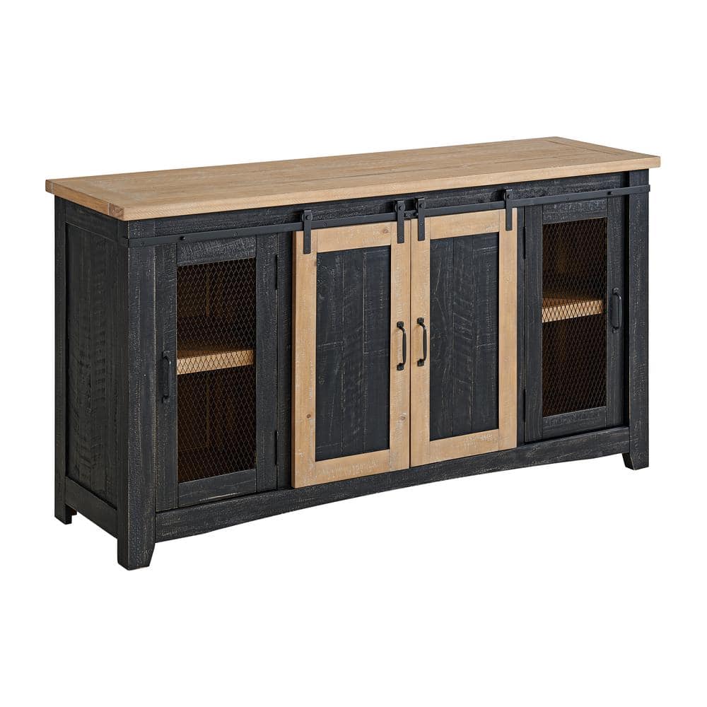 Rustic Black and Driftwood Pine Wood TV Stand with Cabinet
