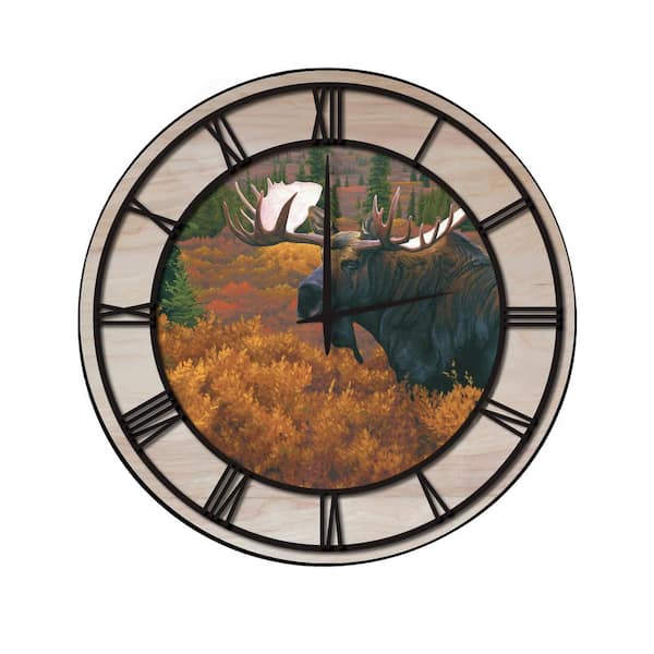 Unbranded "Denali Autumn Moose" Woodgrain Accent and Black Numbers Imaged Wall Clock