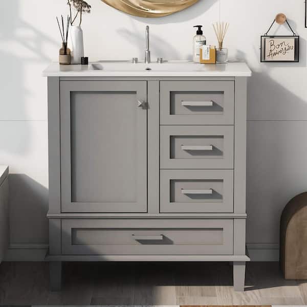 Staykiwi 30 in. W x 18 in. D x 34 in. H Single Sink Freestanding Bath Vanity in Gray with White Ceramic Top