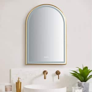 26 in. W x 39 in. H Arched Framed LED Anti-Fog Dimmable Wall Mount Bathroom Vanity Mirror in Brushed Glod