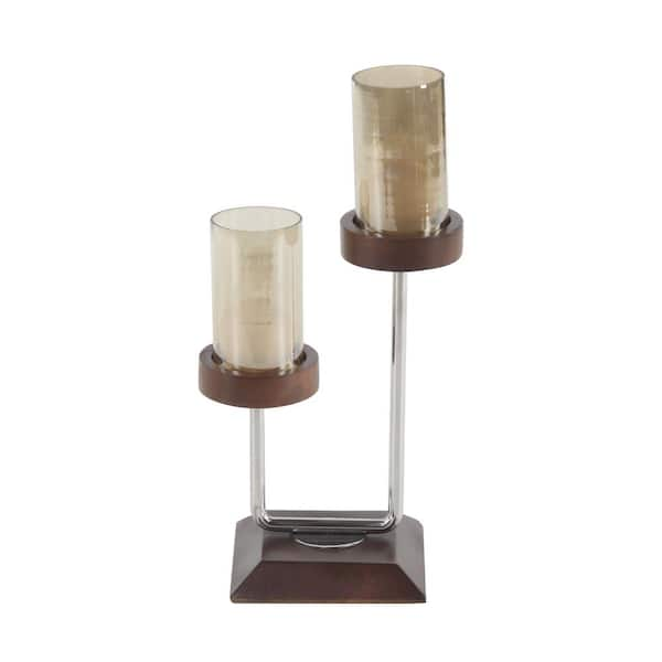 Litton Lane Brown Mango Wood and Smoked Beige Glass 2-Light Hurricane Candle Holder