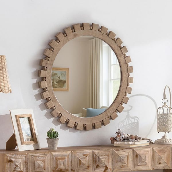 28 in. W x 28 in. H Light Brown Natural Wood Round Framed Art Deco Wall Decorative Mirror with Vintage Gear Bead Accent