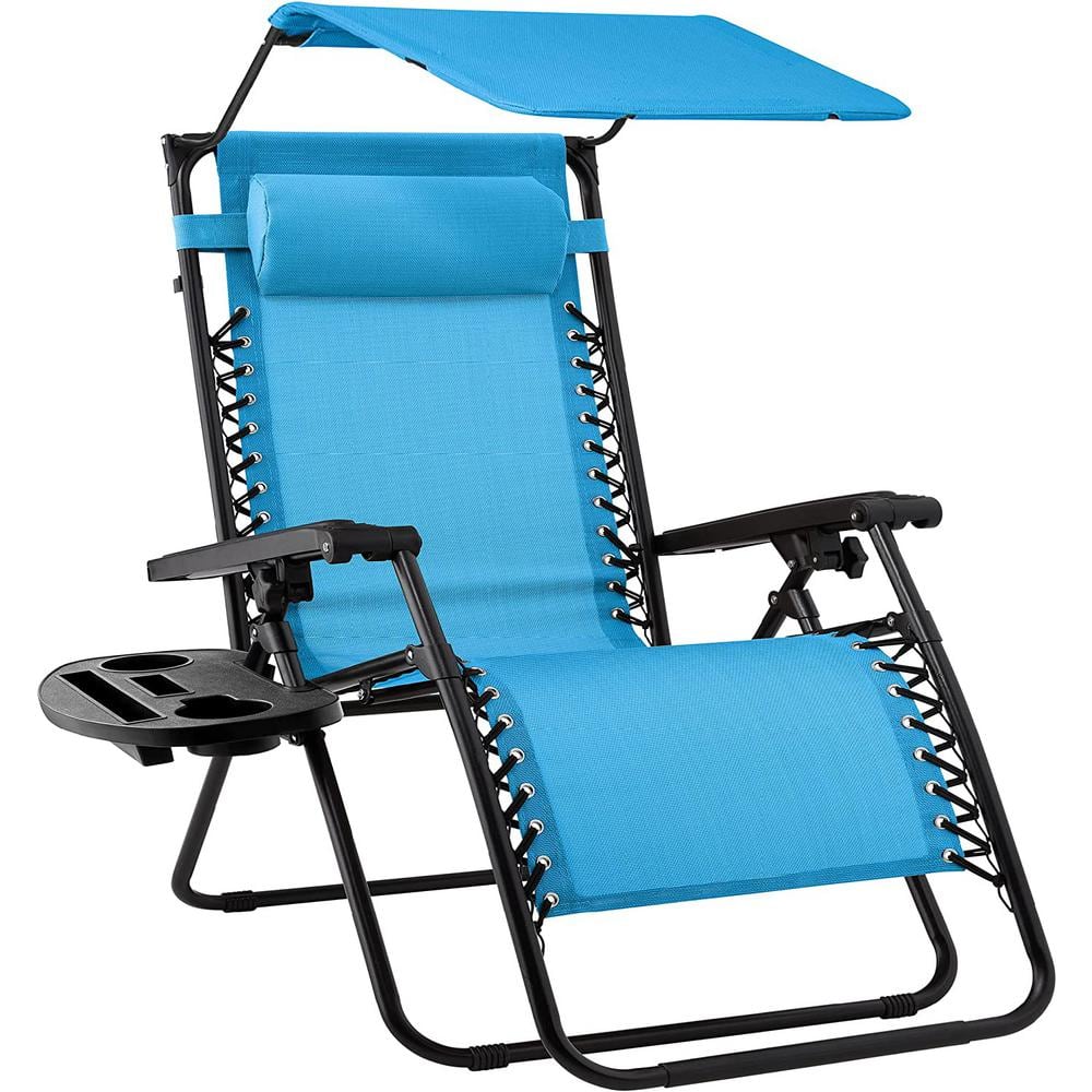 Folding Outdoor Recliner Lounge Chair with Adjustable Canopy Shade, Headres