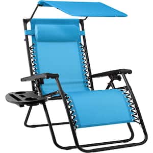 Folding Outdoor Recliner Lounge Chair with Adjustable Canopy Shade, Headrest, Side Accessory Tray in Light, Blue