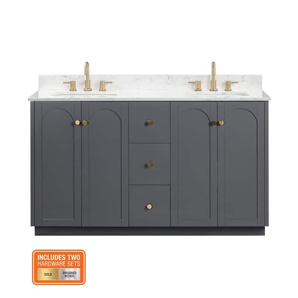 Anabelle 60 in. Double Sink Charcoal Grey Bath Vanity with Engineered Carrara Marble Top (Assembled)