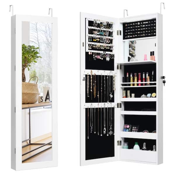 Costway Lockable Mirror Jewelry Cabinet Armoire Organizer Wall Door Mounted with LED Lights