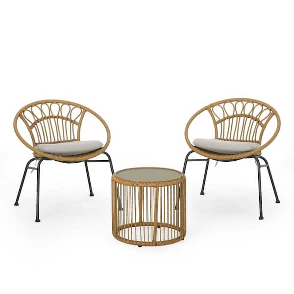 Noble House Scipio Outdoor Patio 3-Piece Wicker Light Brown and Beige Chat Set