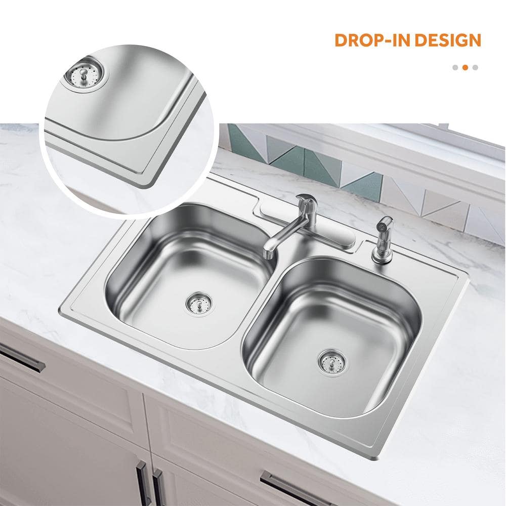 33'' Brushed Stainless Steel Double Bowl Kitchen Sink with Faucet