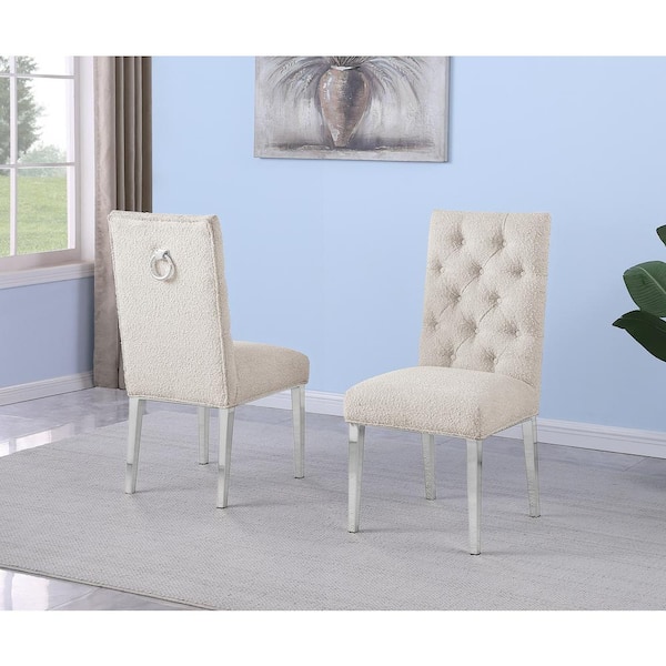 Melina Cream Boucle Fabric Side Chair Set of 2 with Chrome Plated Legs