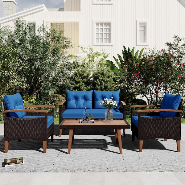 Cesicia 4-Piece Wicker Rattan Outdoor Patio Conversation Sectional Sofa Set with Blue Cushions