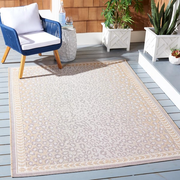 Courtyard Beige/Gold 5 ft. x 5 ft. Border Cheetah Indoor/Outdoor Square Area Rug