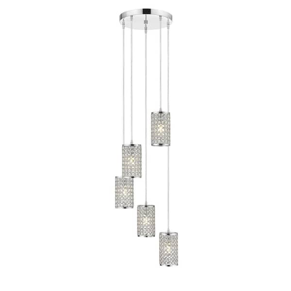 OVE Decors Monaco 15 in. 5-Light Chrome and Crystal Shades Ceiling Pendant Light