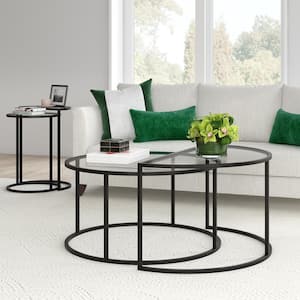 Luna 30 in. Blackened Bronze Round Glass Nested Coffee Table with 2 Pieces