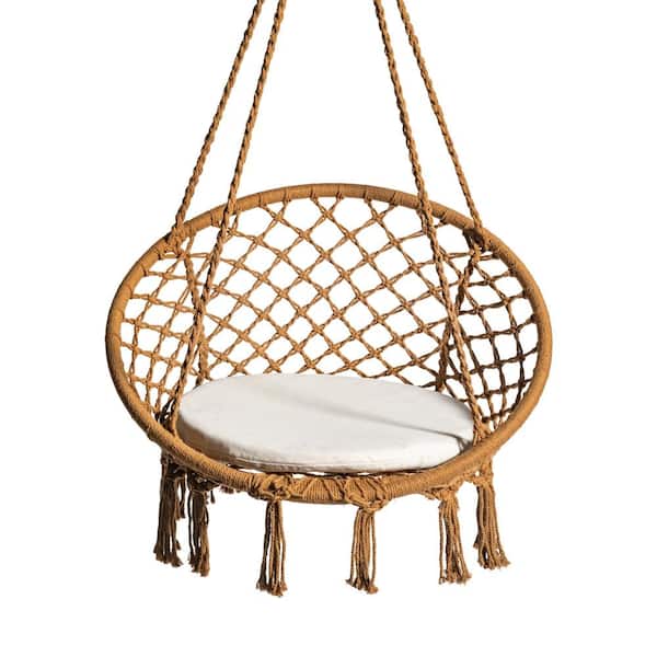 BLISS HAMMOCKS 31.5 in. Macrame Swing Chair w/Fringe lining and Padded Cushion - Brown