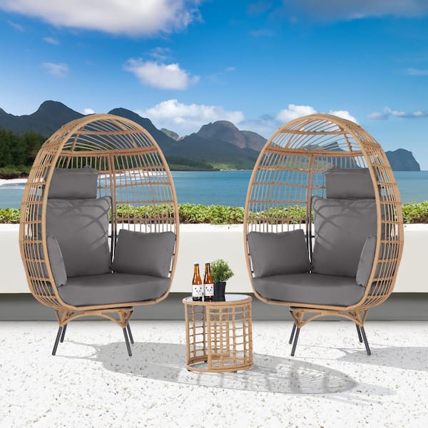 BFB 3-Piece Patio Wicker Swivel Lounge Outdoor Bistro Set with Side Table, Gray Cushions
