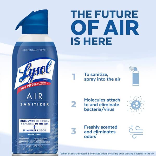lysol spray for cigarette smoke Air Sanitizer - White Linen Lysol Air Sanitizing Spray is the first EPA registered air sanitizer (EPA Reg No 777 Lysol Crisp Linen Disinfectant Aerosol