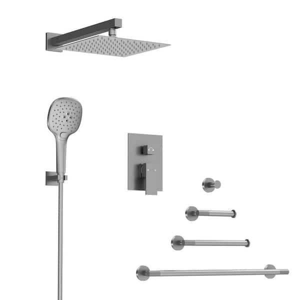 Double Handle 3-Spray 10 in Wall Mount 2.5 GPM High Pressure Shower Faucet with 4-Piece Towel Rack Set in Brushed Nickel