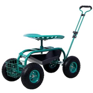 Rolling 42.5 in. Garden Scooter Garden Cart Seat in Green with Wheels and Tool Tray 360 Swivel Seat