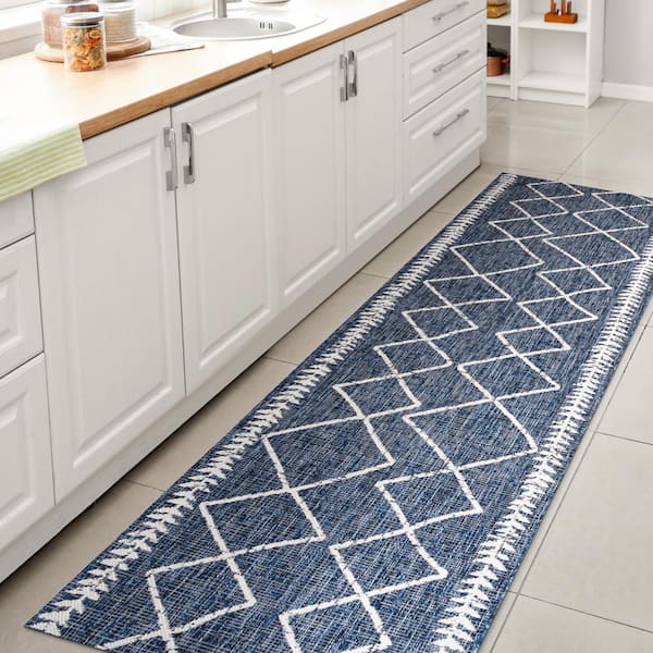 Derya Tribal Diamond Trellis Blue/Ivory 2 ft. x 10 ft. Indoor/Outdoor Area Rug