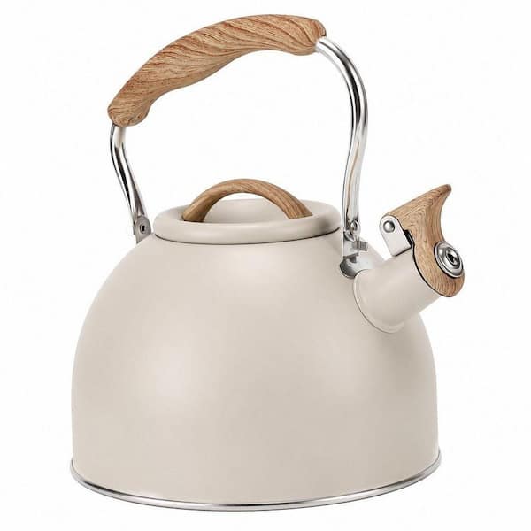 12-Cup Milk White Stainless Steel Whistling Stovetop Tea Kettle with Wood Pattern Folding Handle, Tea Pot for Stove Top