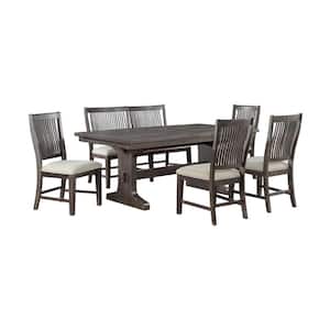 Ilya 6-Piece Rustic Brown Wood Top Double Pedestal Dining Table Set With 4 Beige Linen Fabric Chairs And 1 Bench