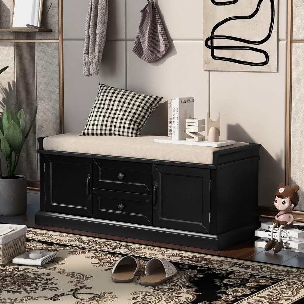 Black Wood Entryway Storage Cushioned Shoe Bench Organizer 42.5"L x 15.9"W x 17.5"H with 2 Drawers and 2 Cabinets
