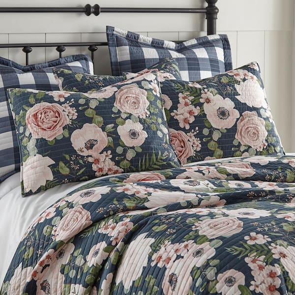 LEVTEX HOME Fiori 3-Piece Charcoal Blue, Pink Floral/Checked