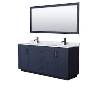 Miranda 72 in. W Double Bath Vanity in Dark Blue with Marble Vanity Top in White Carrara with White Basins and Mirror