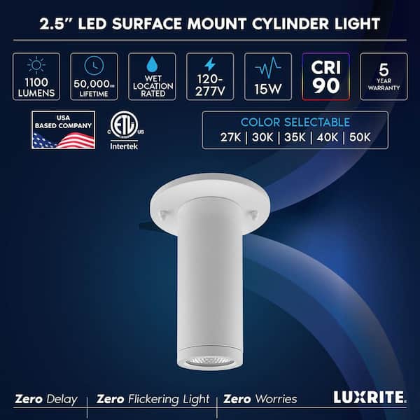 2.5 In. 1 Light White Cylinder Integrated LED Hardwired Surface Mount Spotlight, 5CCT, 1100LM, 15W, Dimmable, ETL White