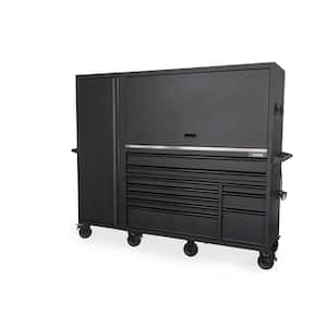 62 in. x W 24 in. D HD 10-Drw Mobile Workbench with SS Work Top Combination Hutch and Tall Side Locker in Matte Black