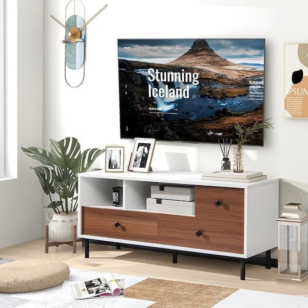 Costway White and Walnut Mid-Century TV Stand Fits Up To 50 in
