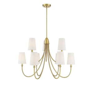 Cameron 35 in. W x 24 in. H 9-Light Warm Brass Tiered Chandelier with Curved Arms and White Fabric Shades