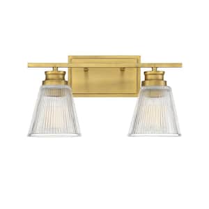 16 in. W x 8.75 in. H 2-Light Natural Brass Bathroom Vanity Light with Clear Glass Shades