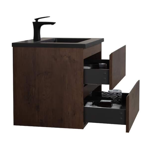 Modern Bathroom Vanity with Black Sink, Small, Floating, 24 inch , Brown Oak, Nameeks DERIN53