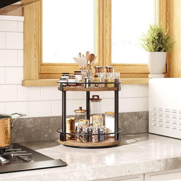 Wudkey 2-Tier Rustic Brown Rotating Spice Rack, Lazy Susan Organizer, Turntable Spice Holder for Countertop and Cabinet