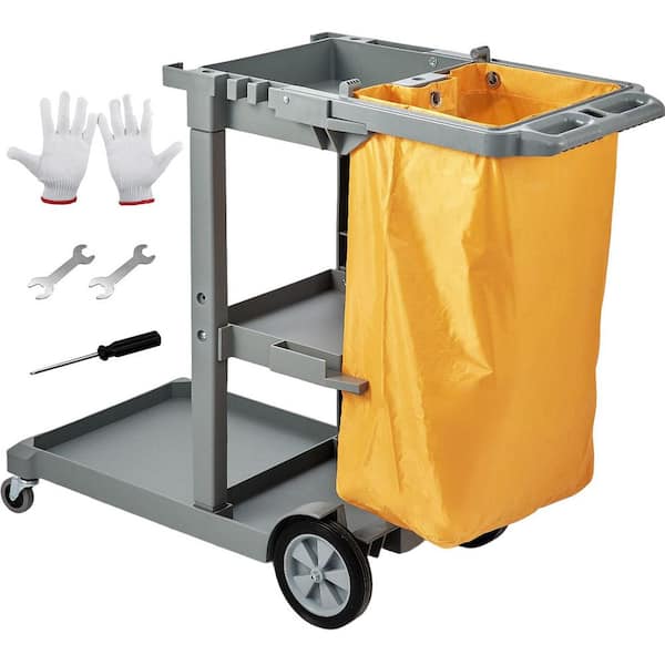 Cleaning Cart, 200 lbs. Capacity Plastic Housekeeping Cart, w/ 25 gal. PVC Bag, 47 x 20 x 38.6 in. Yellow plus Grey