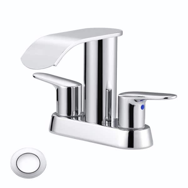 WOWOW 4 in. Centerset 2-Handle Mid Arc Bathroom Waterfall Faucet with Drain Kit Included in Stainless Steel Polished Chrome
