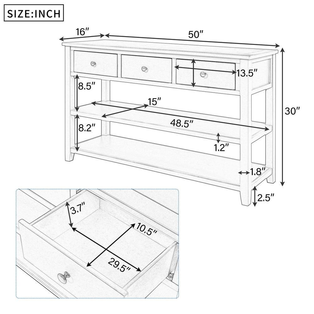 White Pine Wood Console Table with Storage Shelves and Drawers