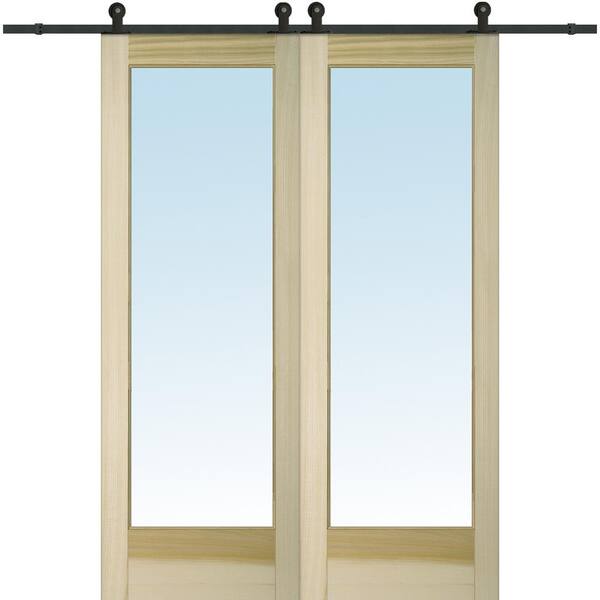 MMI Door 60 in. x 96 in. Clear 1 Lite Unfinished Poplar Double Sliding Barn Door with Hardware Kit