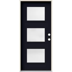 36 in. x 80 in. Left-Hand 3 Lite Satin Etched Decorative Glass Black Painted Fiberglass Prehung Front Door w/Brickmould