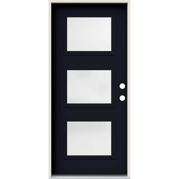 JELD-WEN 36 in. x 80 in. Left-Hand 3 Lite Satin Etched Decorative Glass Black Painted Fiberglass Prehung Front Door w/Brickmould