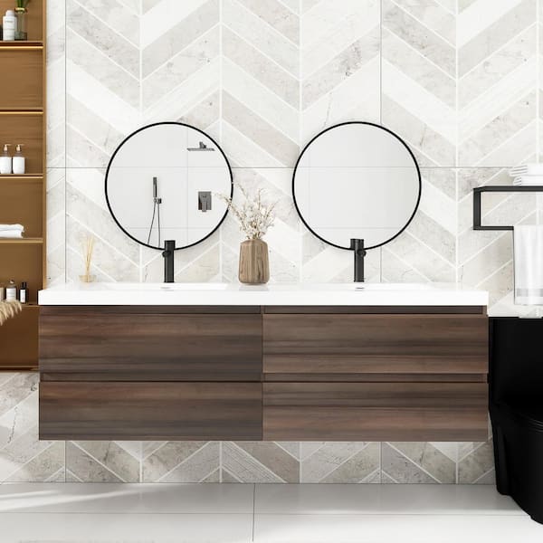 Unbranded 72 in. w x 19.5 in. D x 20.5 in. H Double Sink Wall-Mounted Bath Vanity in Grey Oak with White Solid Surface Top