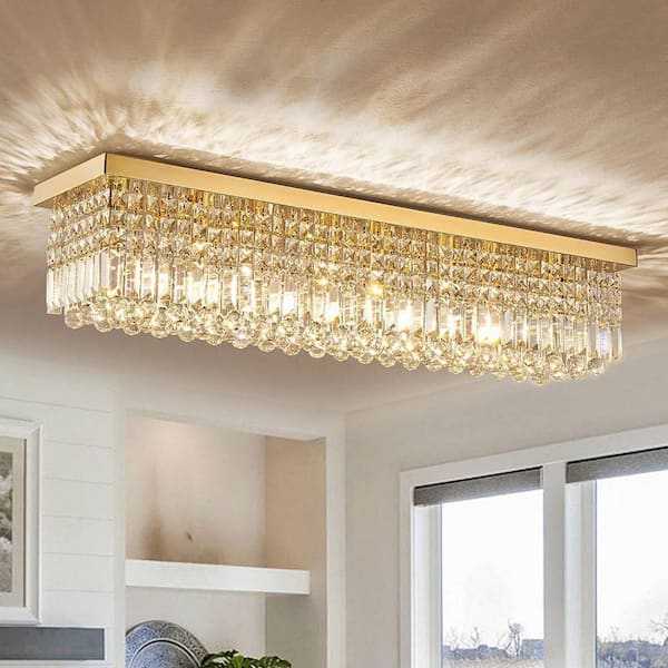 WDETR 40 in. Modern 8-Light Gold Rectangle Crystal Ceiling Light Fixture Flush Mount Light Chandelier