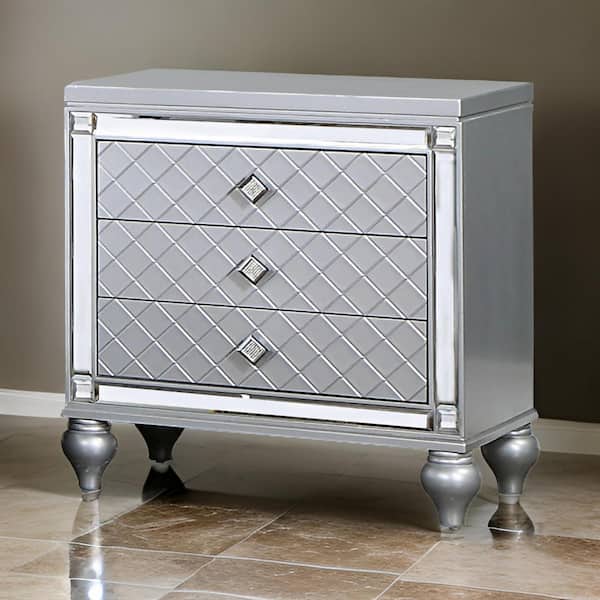 Benjara 26 in. Silver and Chrome 3-Drawers Wooden Nightstand
