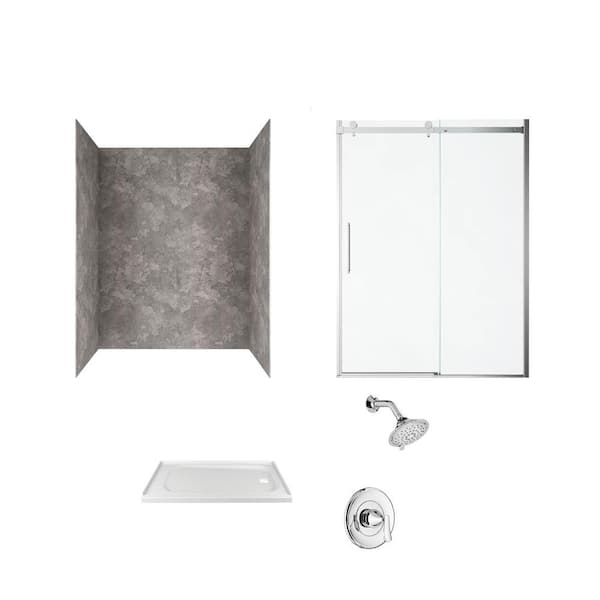 American Standard Passage 60 in. x 72 in. Right Drain 4-Piece Glue-Up Alcove Shower Wall Door Chatfield Shower Kit in Gray Concrete