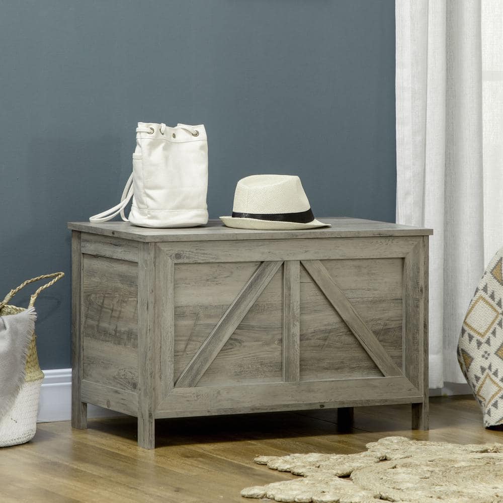 Gray Farmhouse Wooden Storage Chest with Lift Top and Safety Hinge