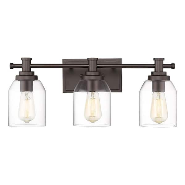 JAZAVA 21.3 in. 3-Light Oil Rubbed Bronze Indoor Bedroom Vanity Light Wall Sconce Light with Clear Glass Shade