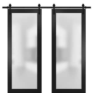 48 in. x 80 in. Full Lite Frosted Glass Black Finished Solid Pine Wood Sliding Barn Door with Hardware Kit